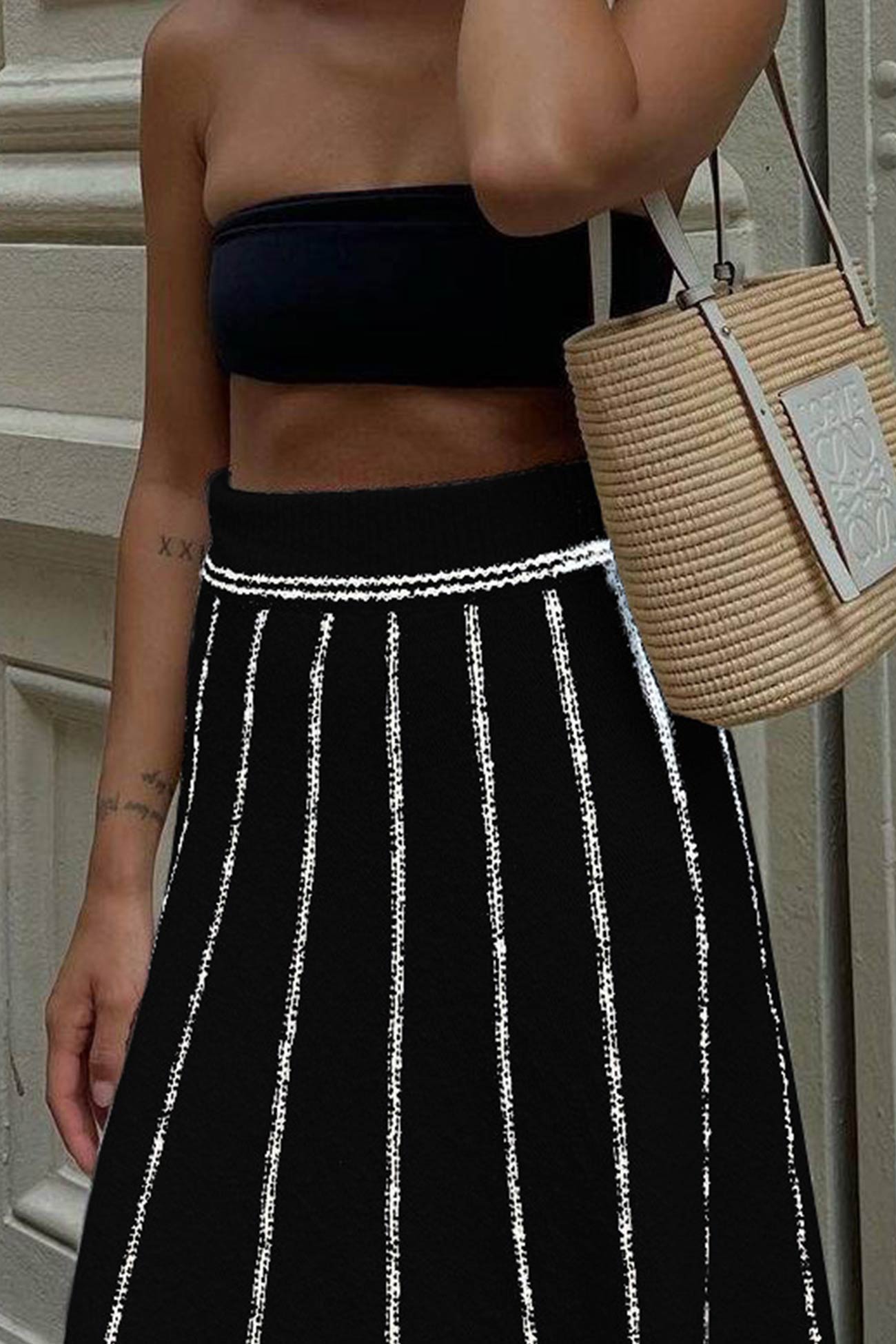 Knit with Fringe Hem Skirt Stripes InsStreet