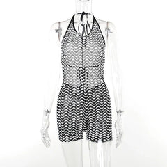 Striped Print Halter Lace Up Backless One Piece Summer 2024 Fashion Overalls Streetwear Bodycon Dress InsStreet