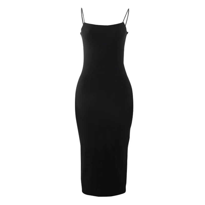 Summer Black Spaghetti Strap Backless Solid Sleeveless Elegant Party Bodycon Dress InsStreet