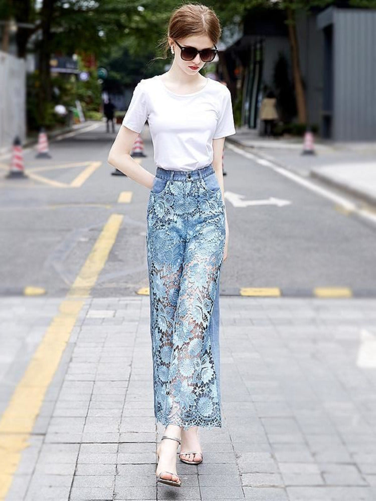 Loose Versatile Hollow Out Lace Pants InsStreet