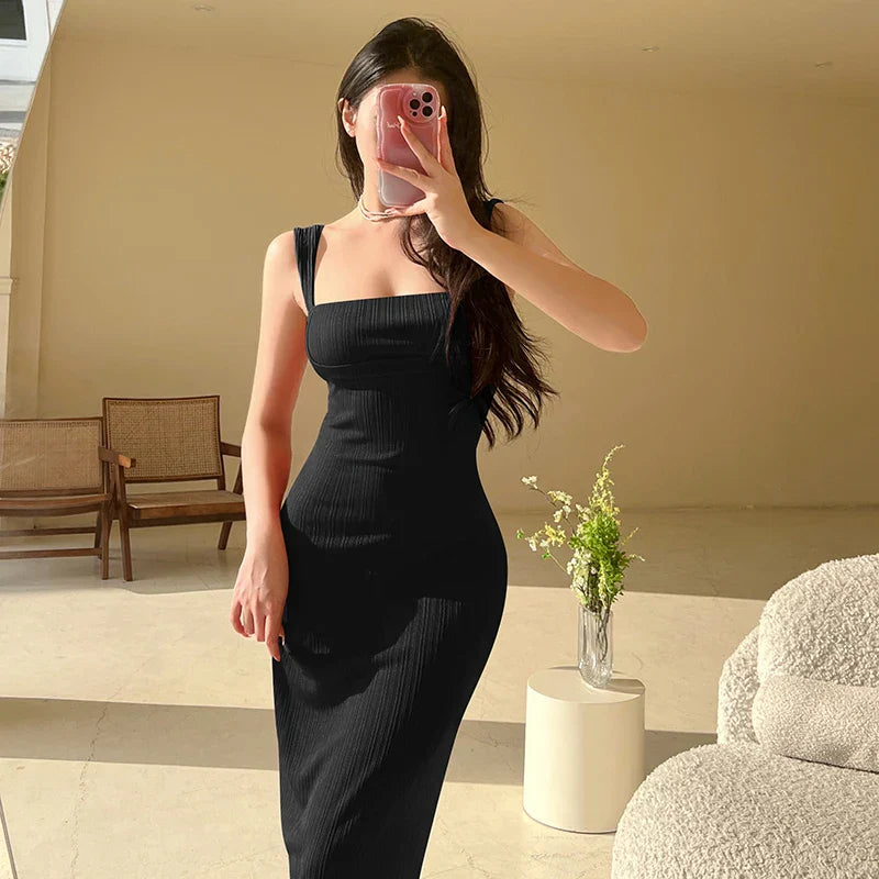 Solid Spaghetti Strap Backless Summer Casual Elegant Party Bodycon Dress InsStreet