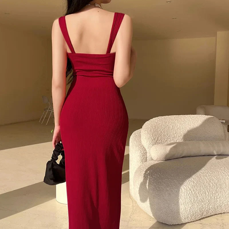 Solid Spaghetti Strap Backless Summer Casual Elegant Party Bodycon Dress InsStreet