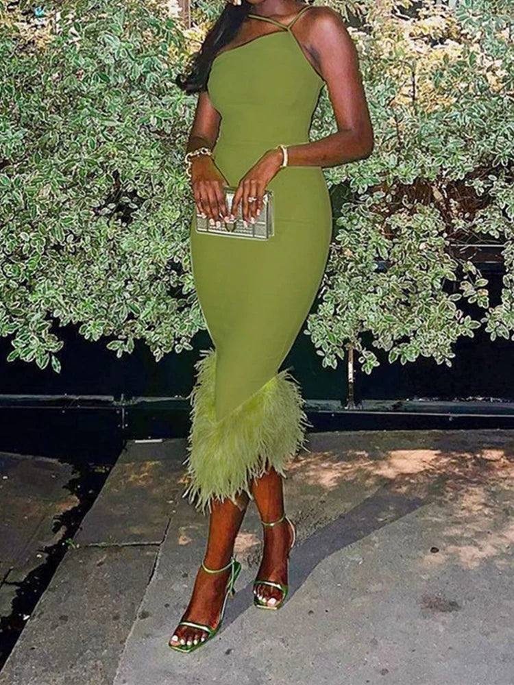 Slim Sleeveless Maxi Spaghetti Strap Backless Green Elegant Club Party Bodycon Dress InsStreet