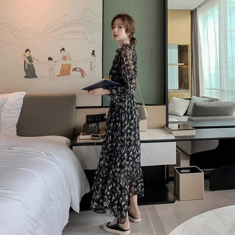 Summer Thin Floral Chiffon Lace Vintage Black Boho Dress InsStreet