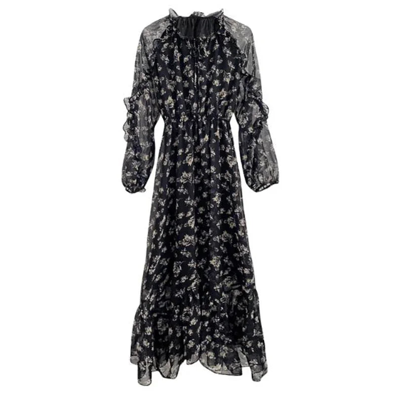 Summer Thin Floral Chiffon Lace Vintage Black Boho Dress InsStreet