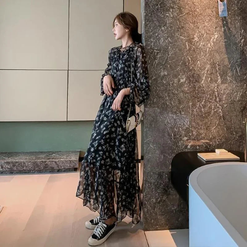 Summer Thin Floral Chiffon Lace Vintage Black Boho Dress InsStreet