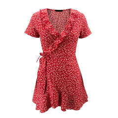 Elegant Floral Ruffles V-neck Bandage Chic Flowers Mini Dress InsStreet