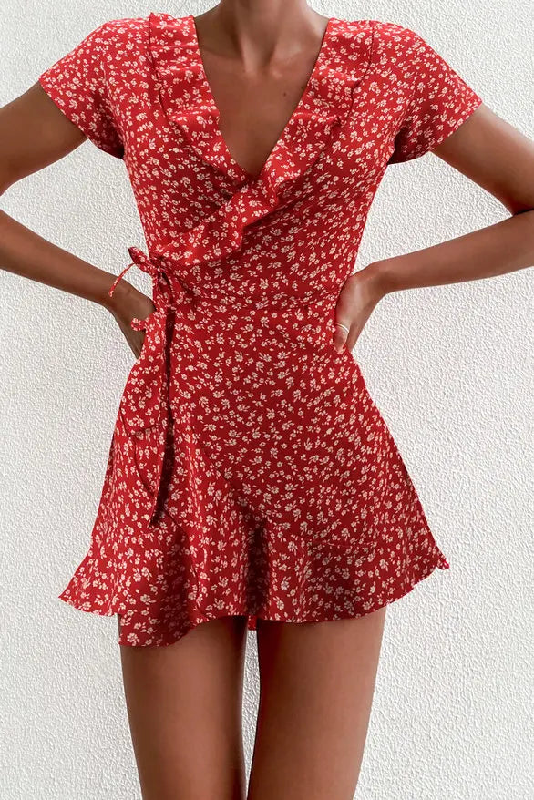 Elegant Floral Ruffles V-neck Bandage Chic Flowers Mini Dress InsStreet