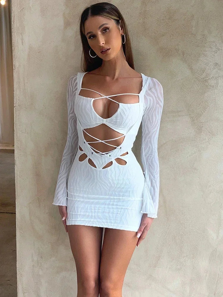 Textured Lace Up Bandage Long Sleeve Bodycon Streetwear Mini Dress InsStreet