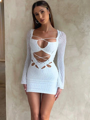 Textured Lace Up Bandage Long Sleeve Bodycon Streetwear Mini Dress InsStreet