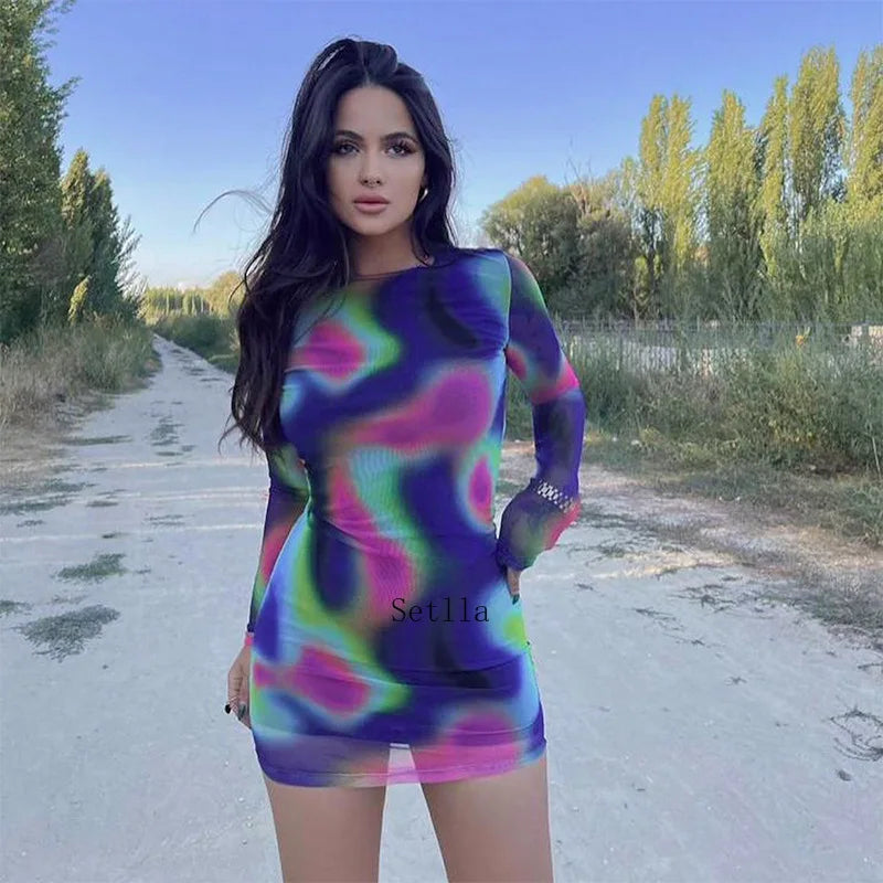 Tie Dye O Neck Sleeve Backless Mini Dress InsStreet