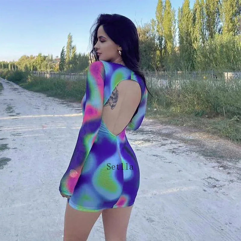 Tie Dye O Neck Sleeve Backless Mini Dress InsStreet