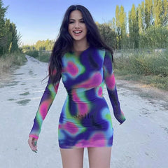 Tie Dye O Neck Sleeve Backless Mini Dress InsStreet