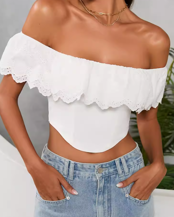 Taine Off The Shoulder Scalloped Crop Top - White Ins Street