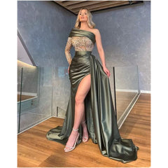 Unique Prom One Long Sleeve Mermaid Appliques Side Slit Evening Dress InsStreet