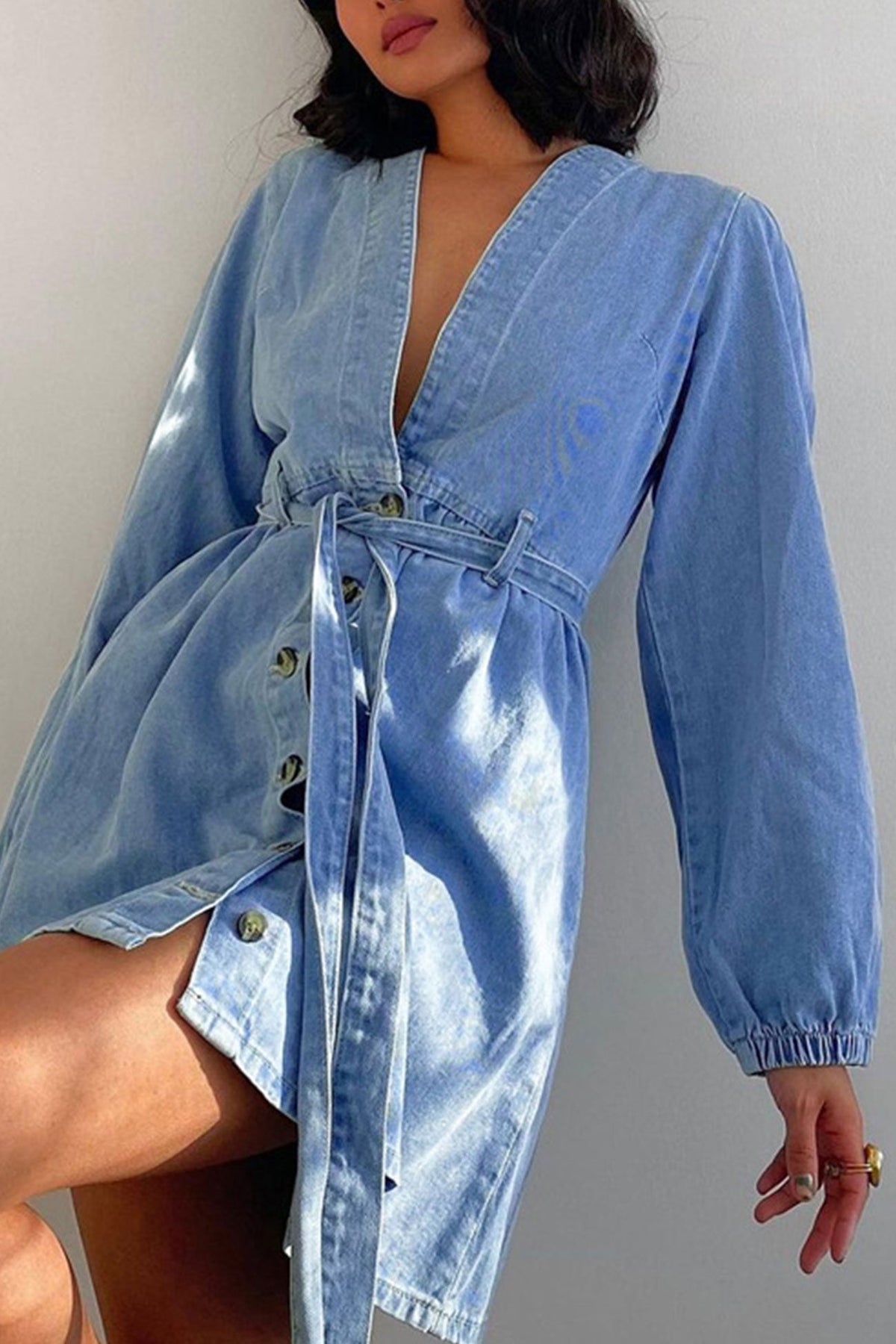 V Neck Button Front Lace Up Denim Dress InsStreet