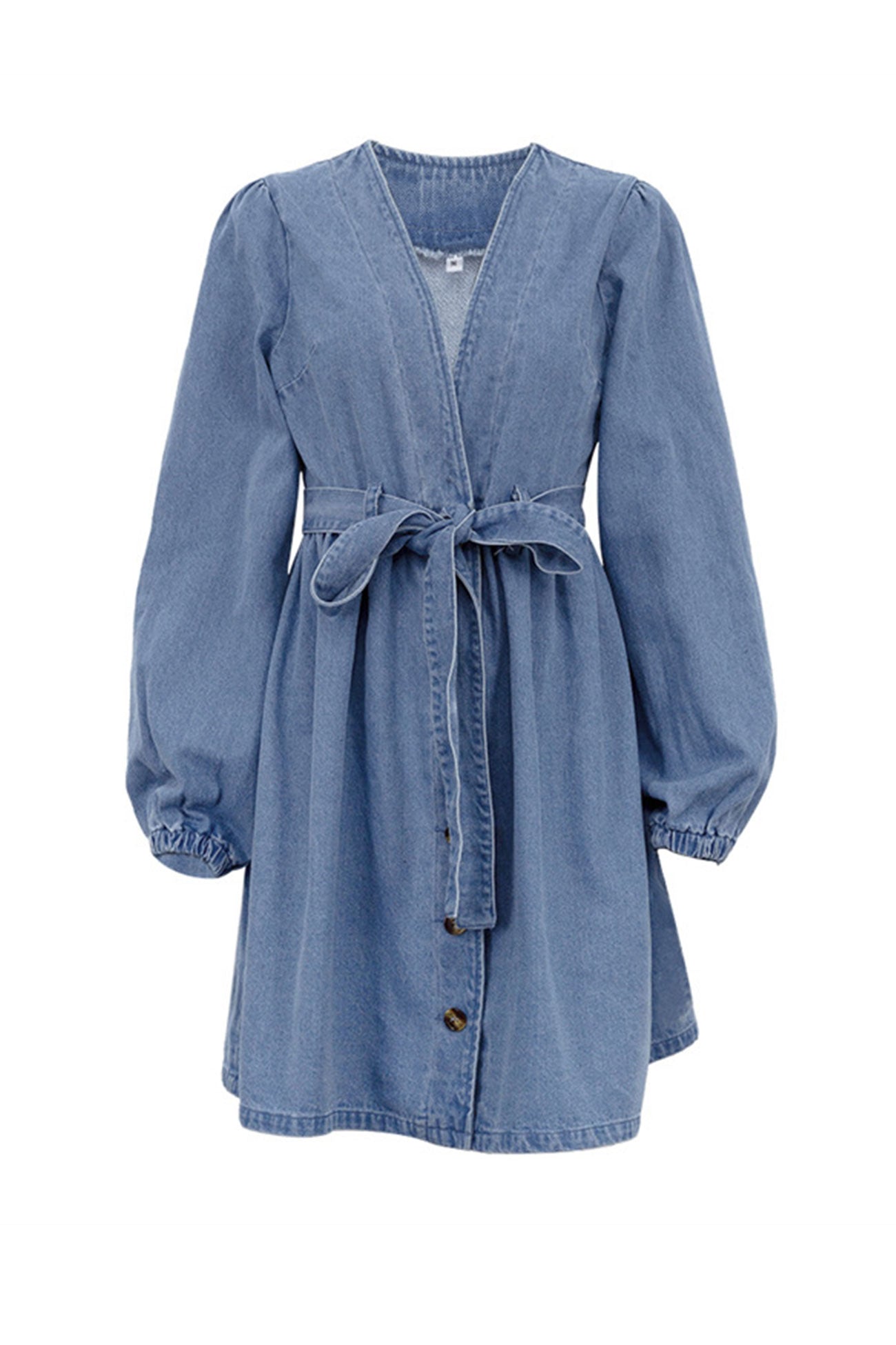 V Neck Button Front Lace Up Denim Dress InsStreet