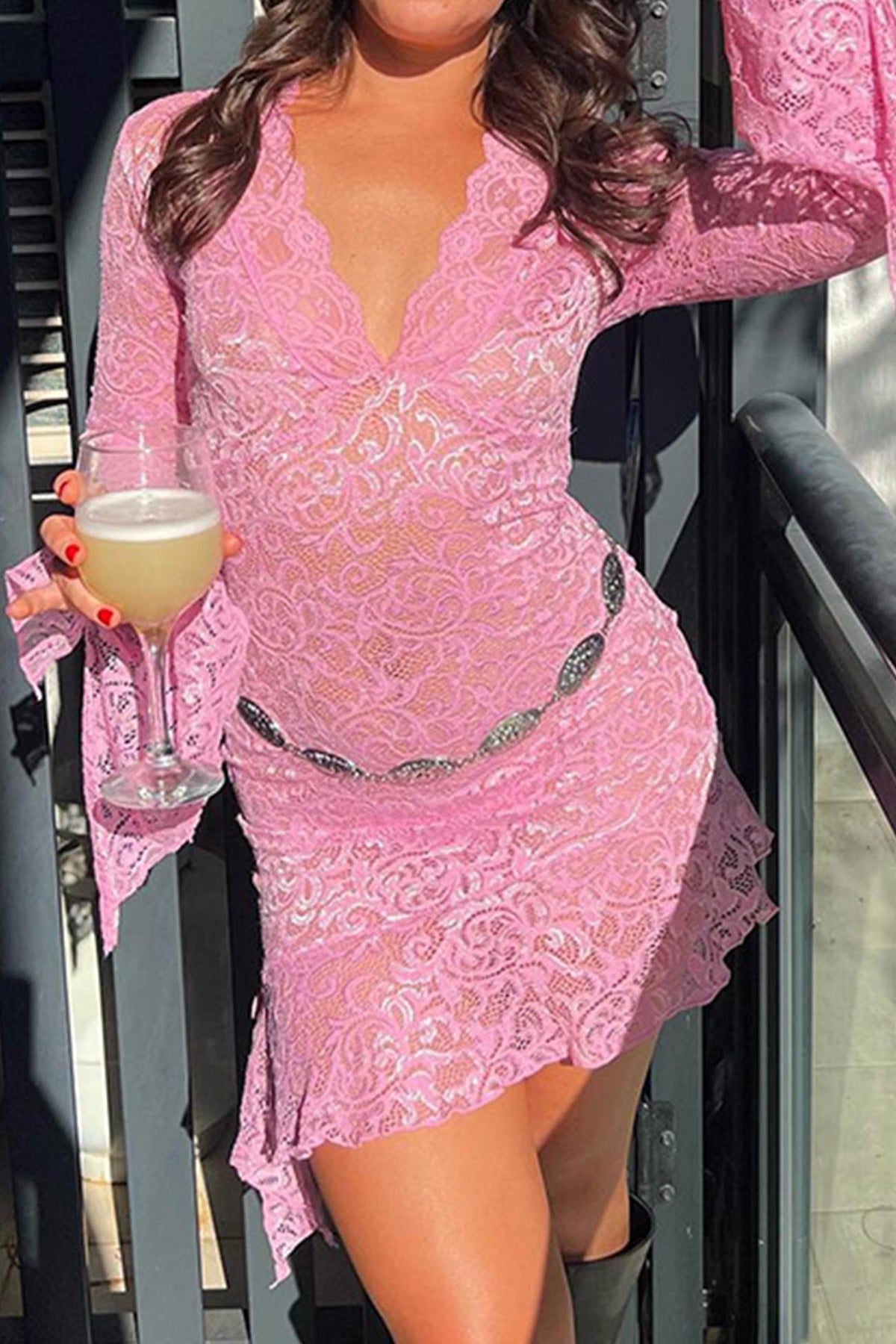 V Neck Flares Sleeve Lace Dress InsStreet