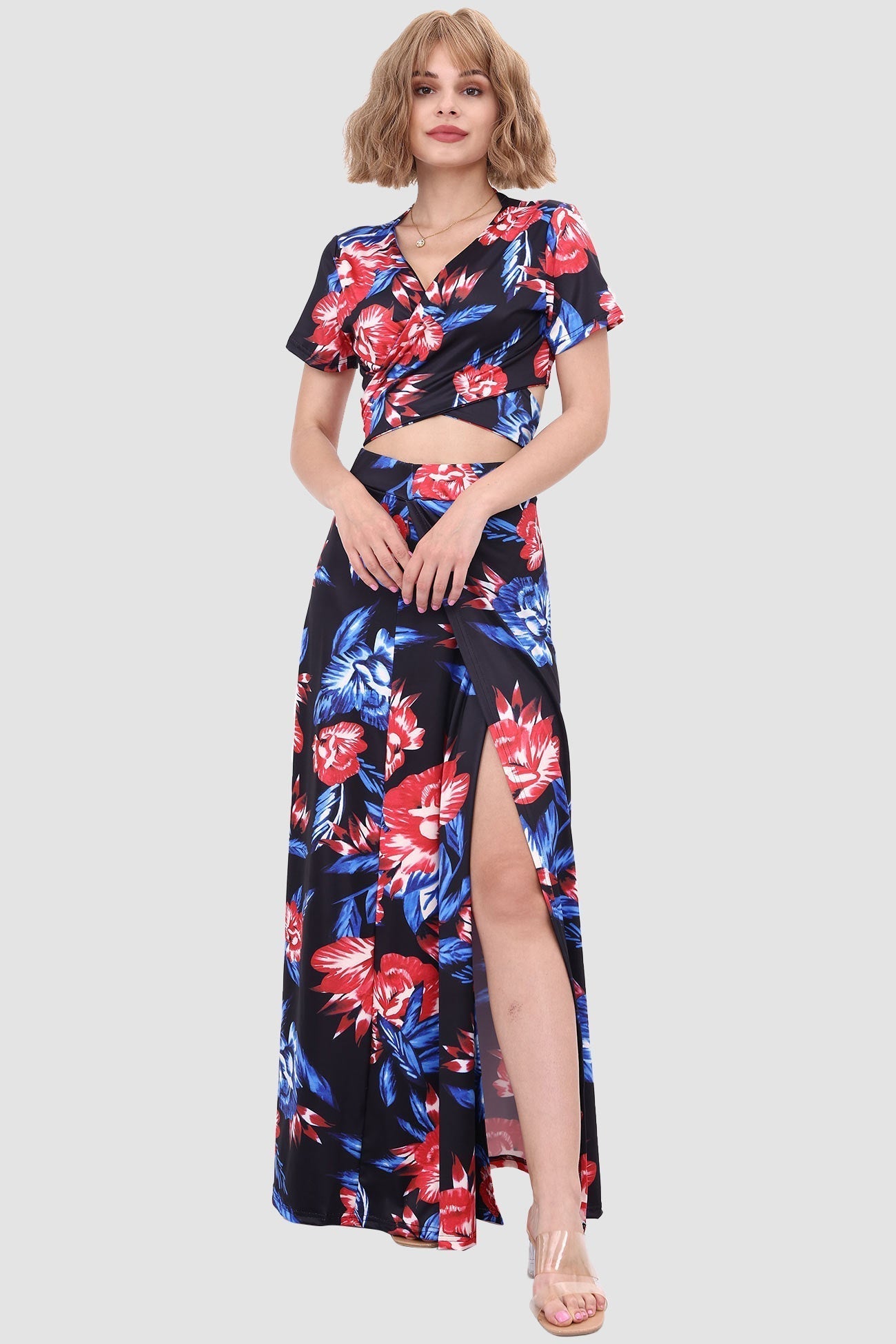 V-neck Printed Two-piece Dress with Waist-revealing Design InsStreet