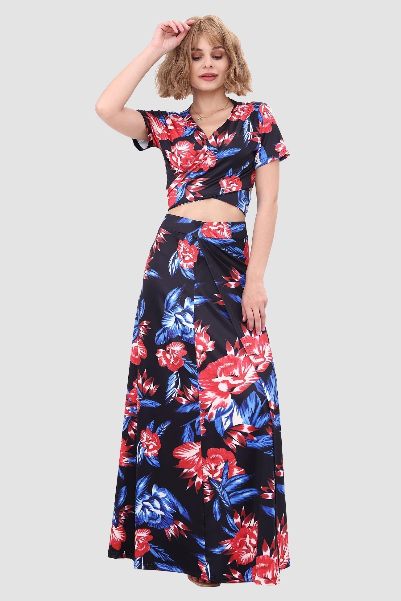 V-neck Printed Two-piece Dress with Waist-revealing Design InsStreet