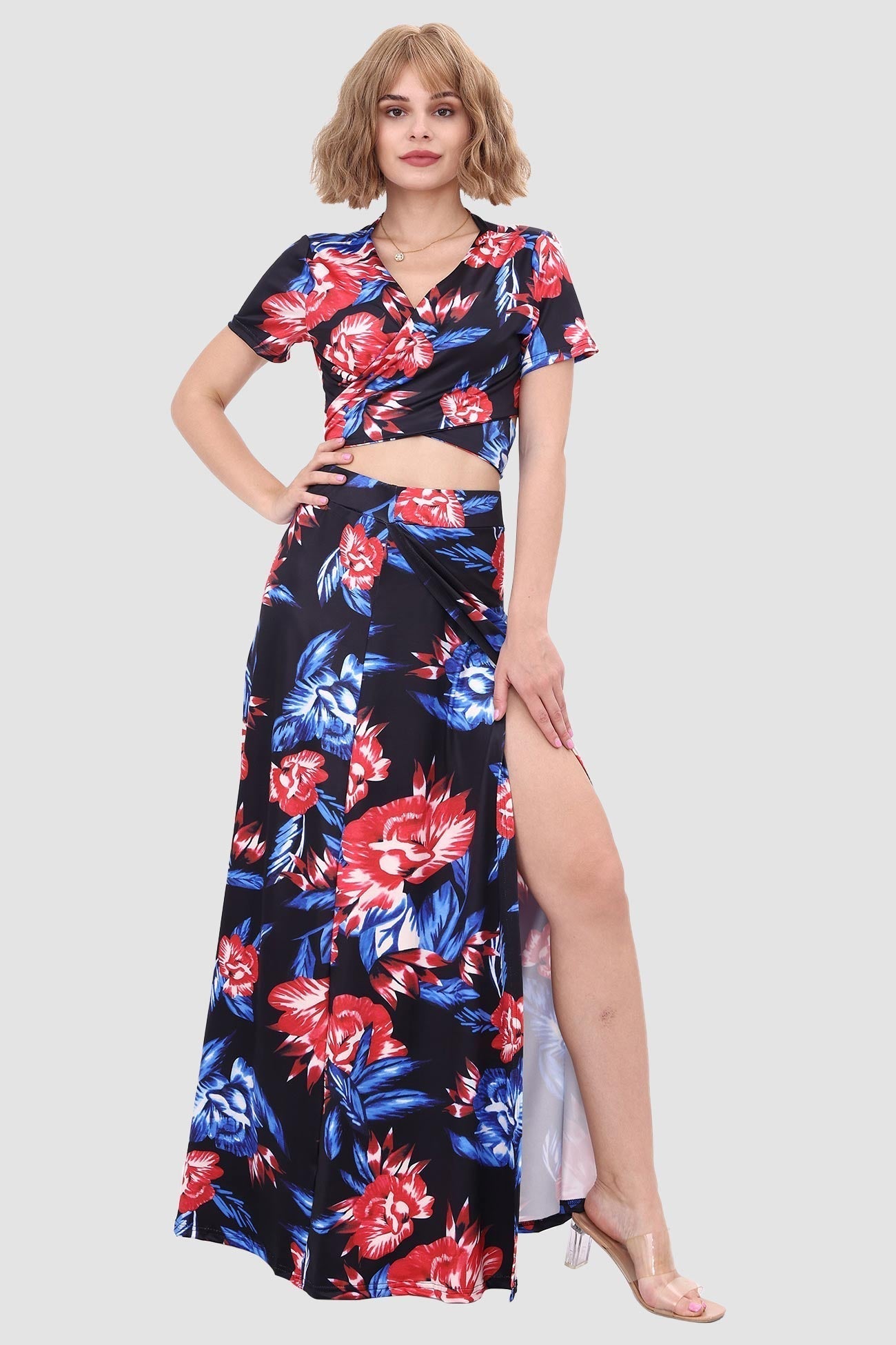 V-neck Printed Two-piece Dress with Waist-revealing Design InsStreet