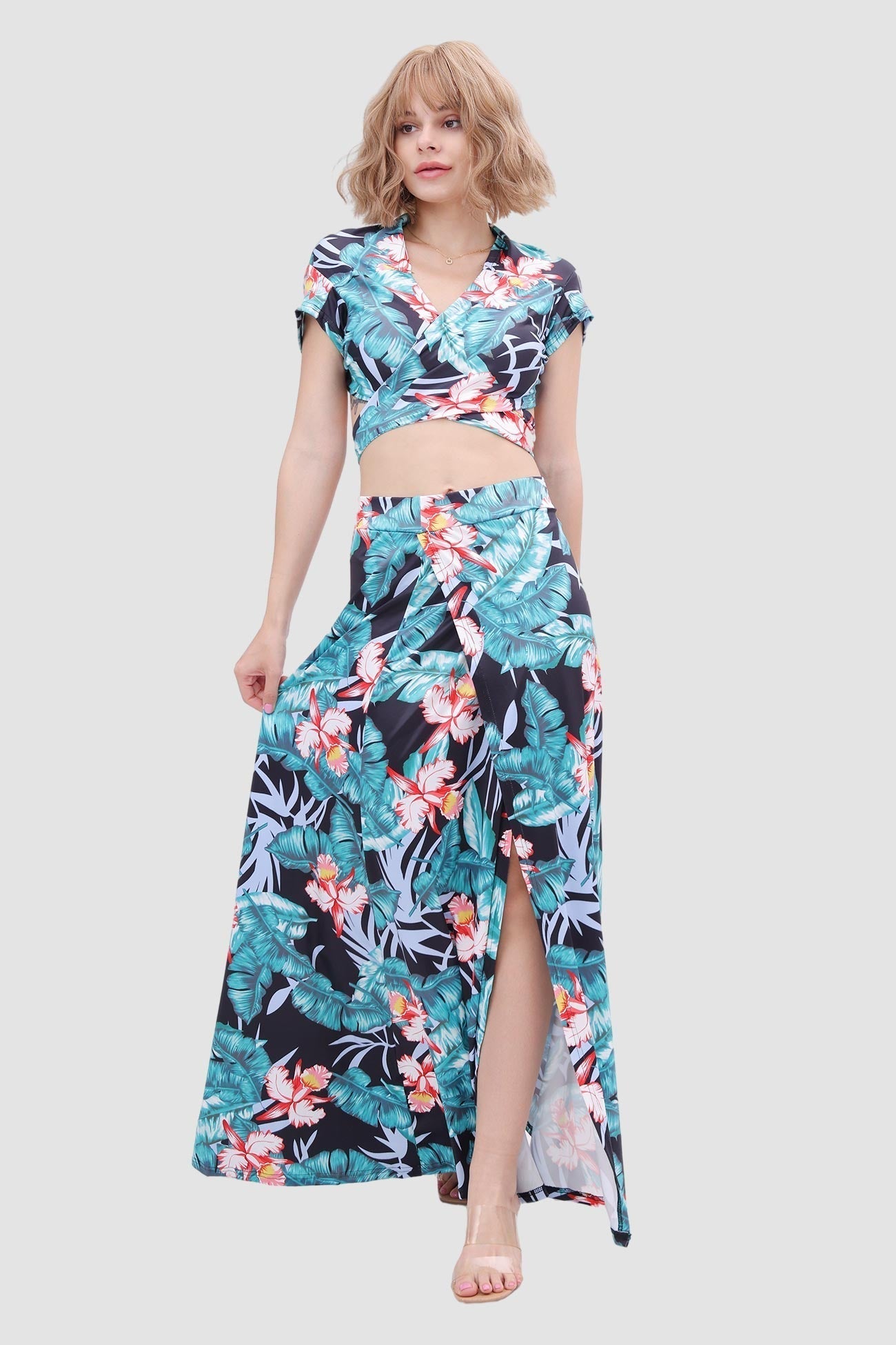 V-neck Printed Two-piece Dress with Waist-revealing Design InsStreet