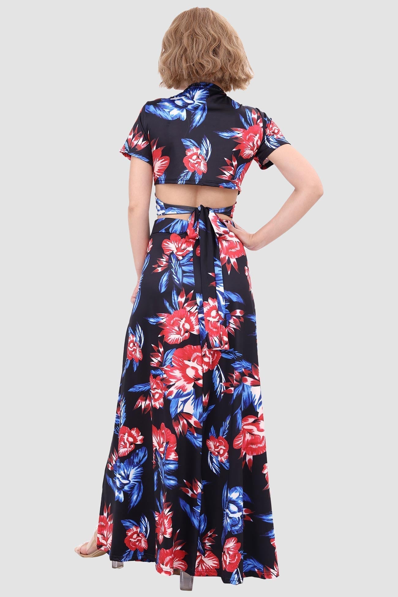 V-neck Printed Two-piece Dress with Waist-revealing Design InsStreet