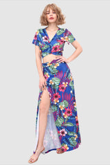 V-neck Leaf Print Two-piece Dress with Tied Back InsStreet