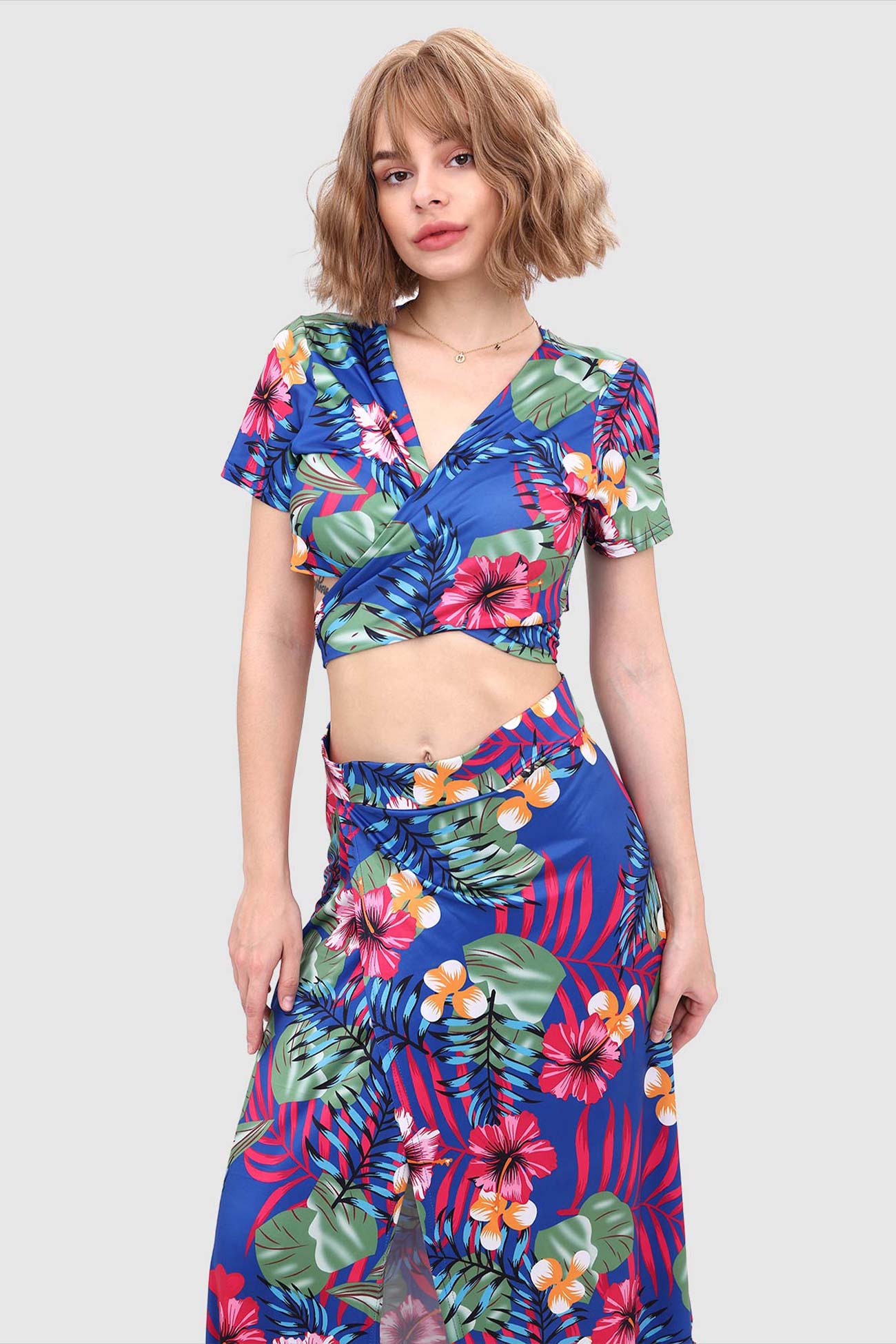 V-neck Leaf Print Two-piece Dress with Tied Back InsStreet