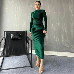 Ruched Long-sleeved Body-hugging Autumnal Elegant Club-ready Skinny Midi Dress InsStreet