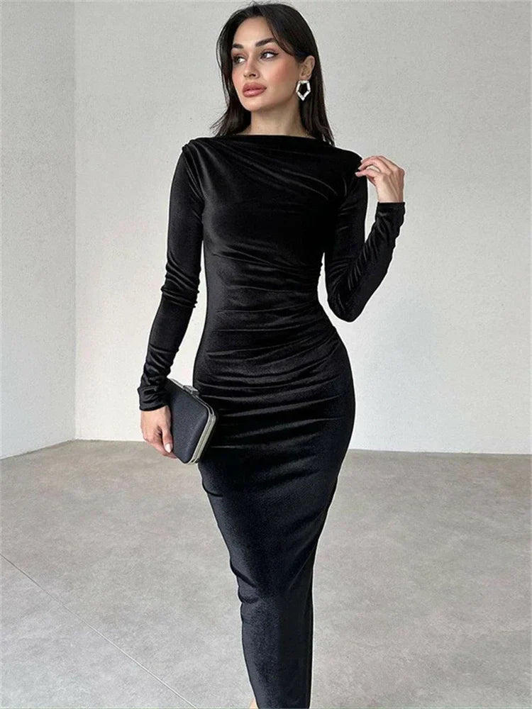 Ruched Long-sleeved Body-hugging Autumnal Elegant Club-ready Skinny Midi Dress InsStreet