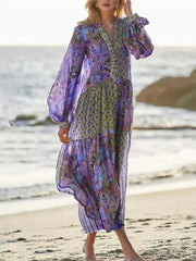 Elegant Floral Print Lantern Long Sleeve Chiffon Boho Dress InsStreet