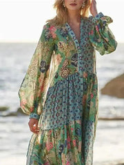 Elegant Floral Print Lantern Long Sleeve Chiffon Boho Dress InsStreet