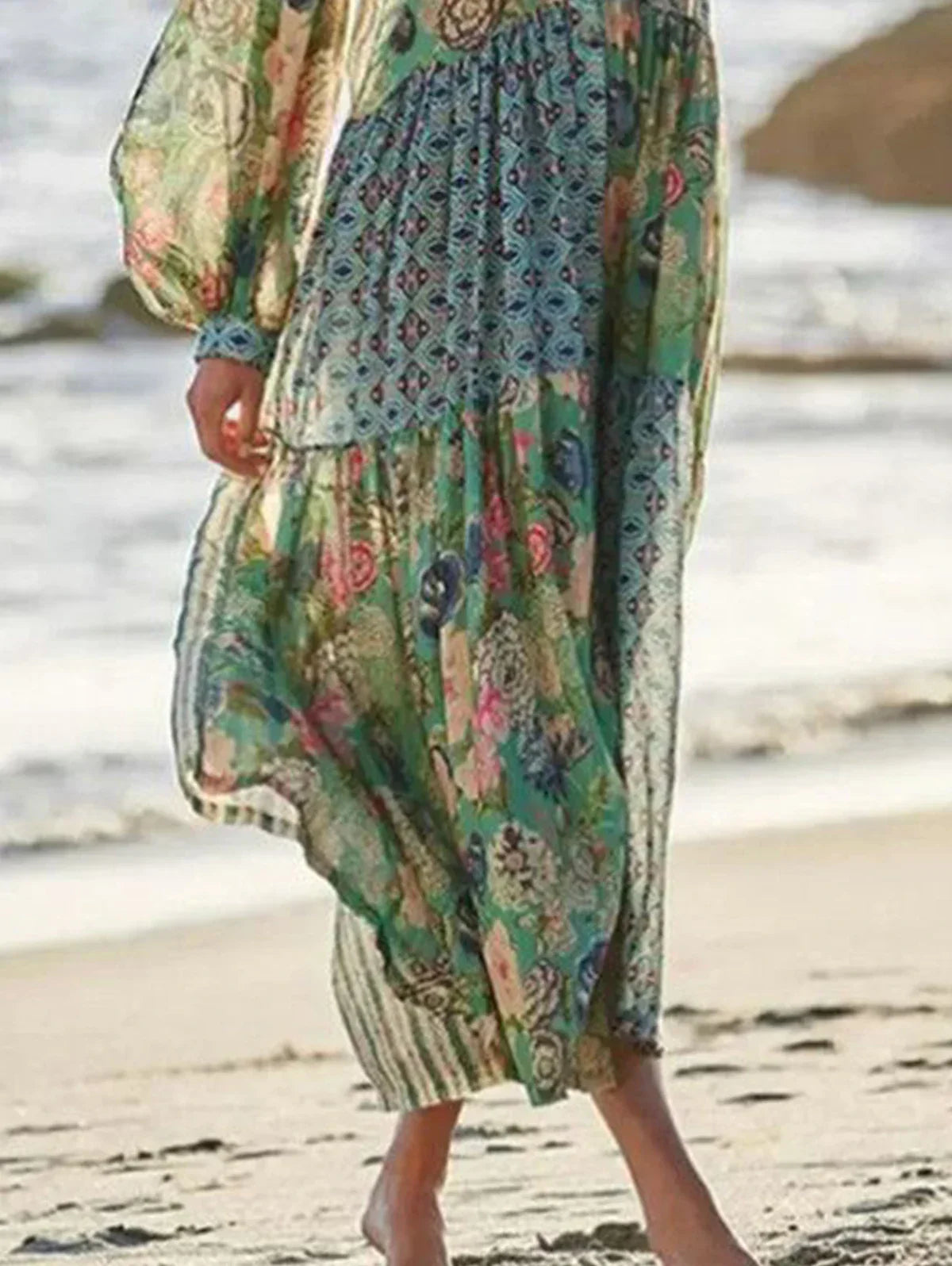 Elegant Floral Print Lantern Long Sleeve Chiffon Boho Dress InsStreet