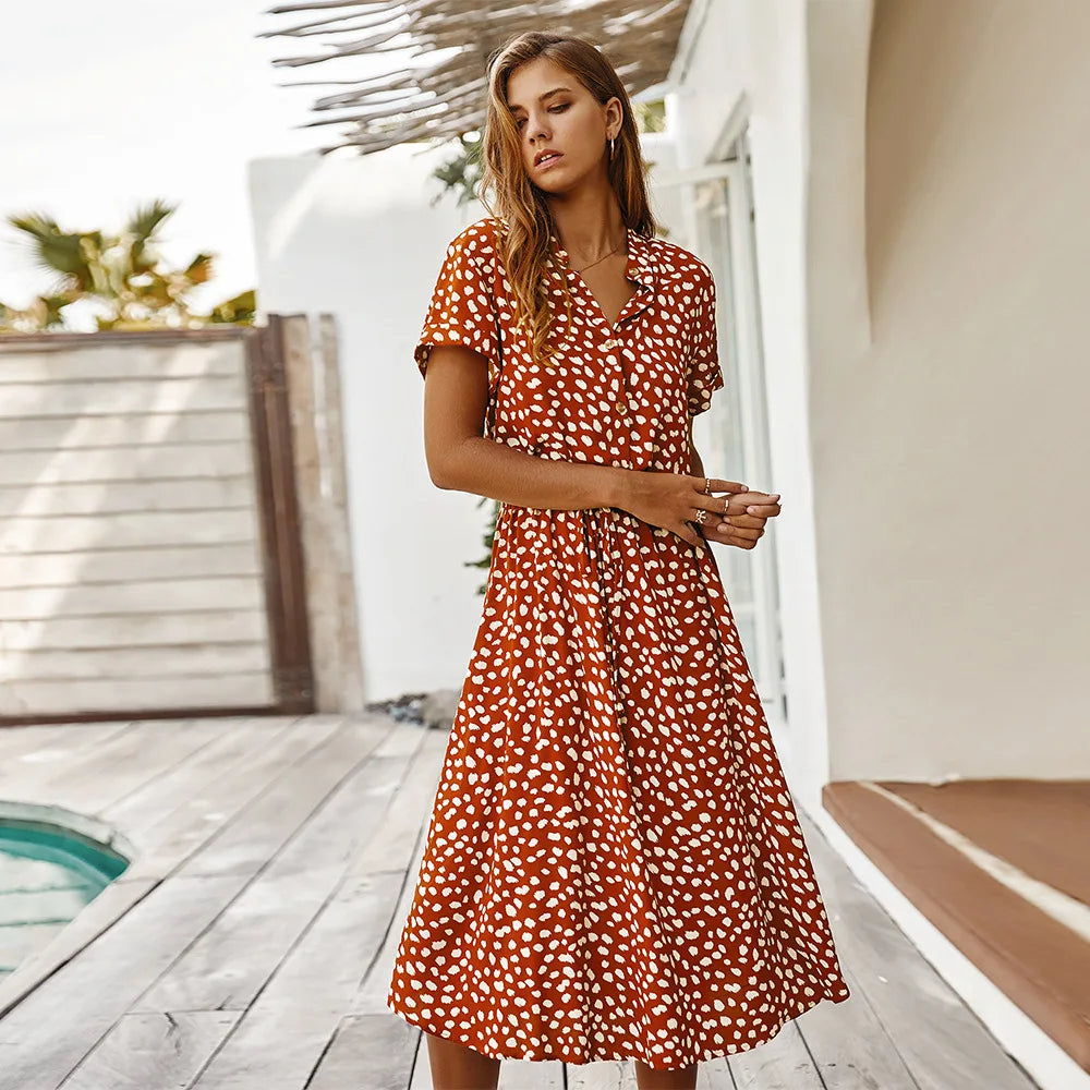 Floral Print Vintage Short Sleeve Boho Dress InsStreet