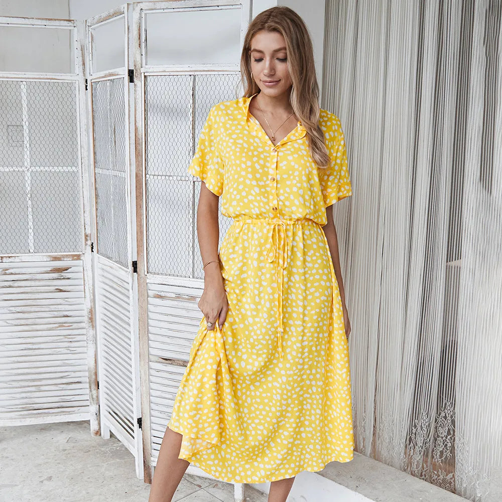Floral Print Vintage Short Sleeve Boho Dress InsStreet