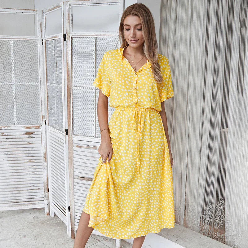 Floral Print Vintage Short Sleeve Boho Dress InsStreet