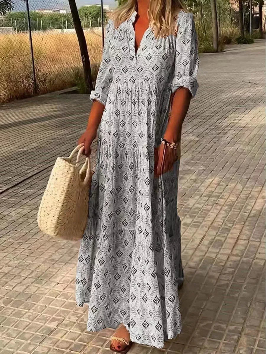 Vintage V-neck Flower Printed Maxi Boho Dress InsStreet
