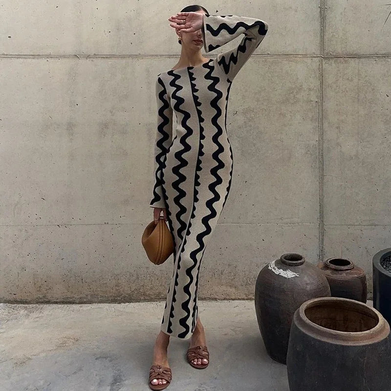 Vintage Knitted Long Sleeve Maxi Dress InsStreet