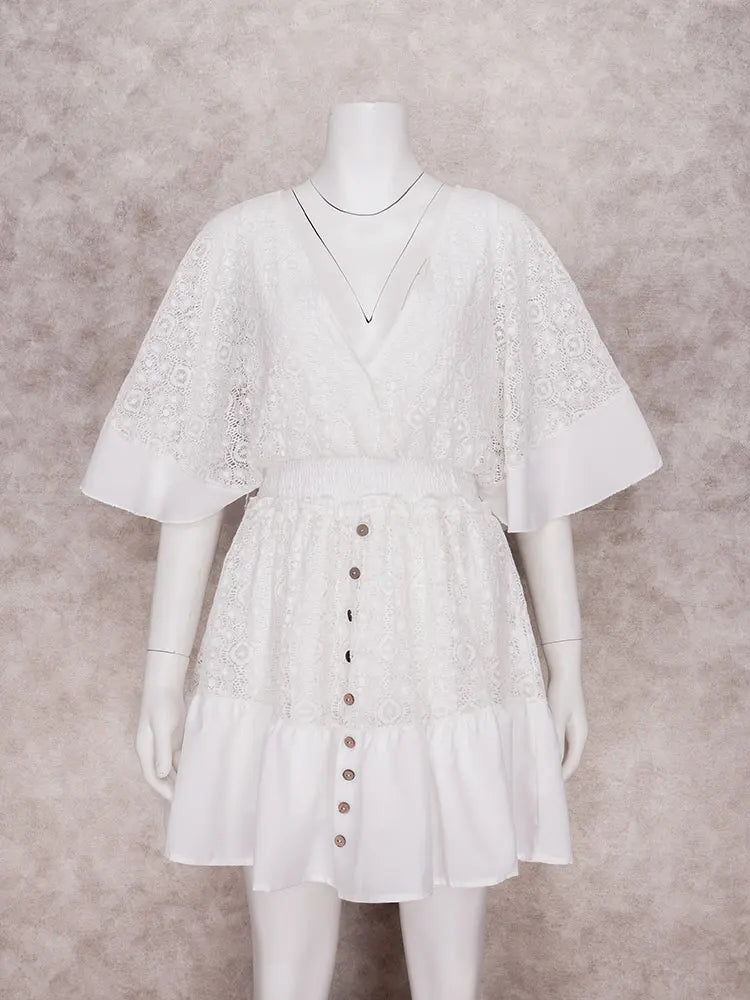 White Lace V Neck Ruffles Mini Dress InsStreet