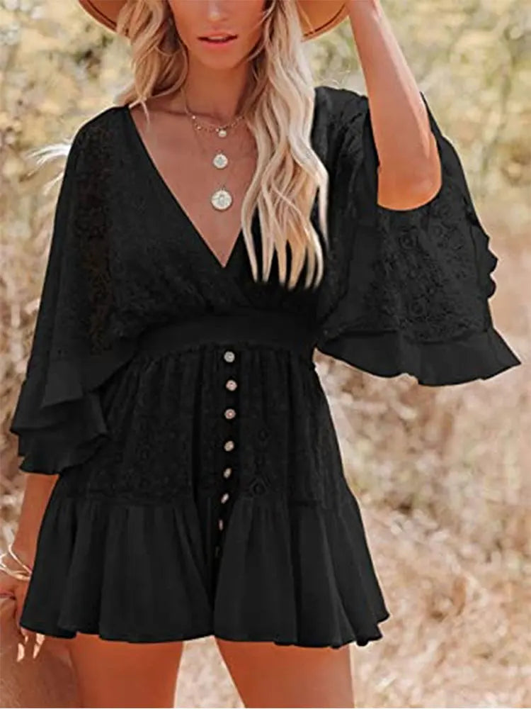 White Lace V Neck Ruffles Mini Dress InsStreet