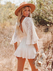 White Lace V Neck Ruffles Mini Dress InsStreet