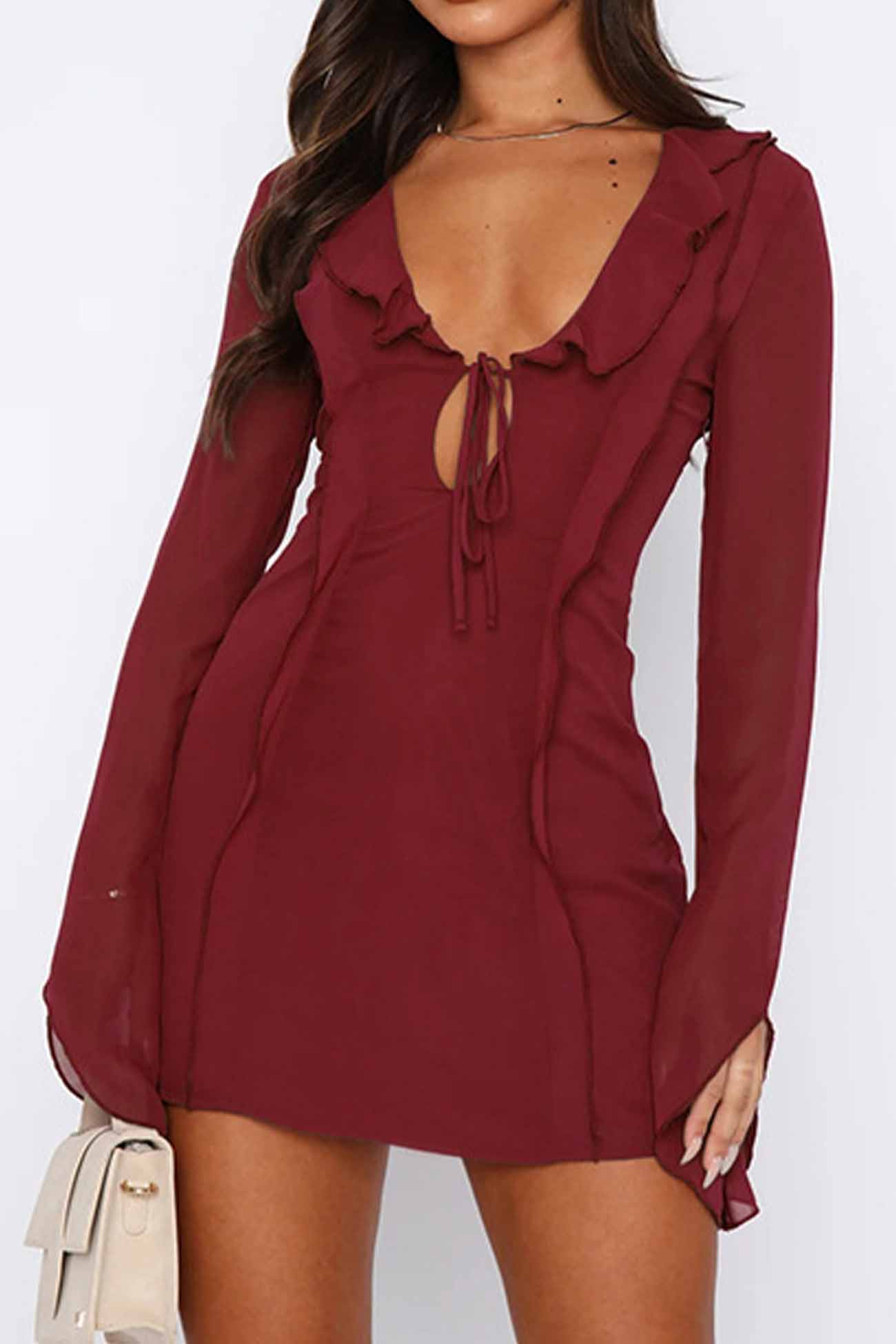 Long Sleeved Ruffled Mini Dress with Lace Up Detail InsStreet