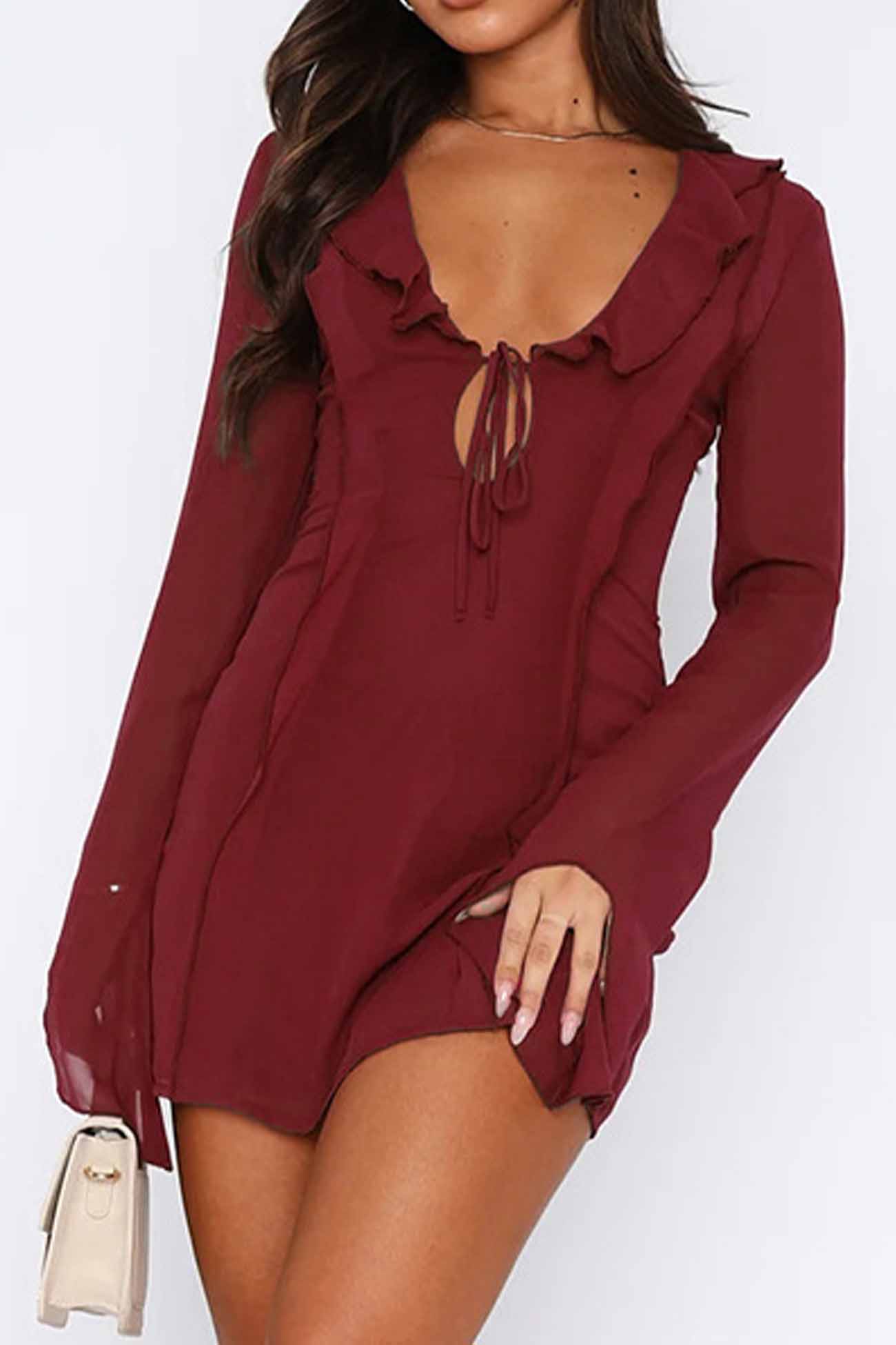 Long Sleeved Ruffled Mini Dress with Lace Up Detail InsStreet