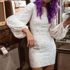 Lantern Sleeve O Neck Sequin Bodycon Dress InsStreet