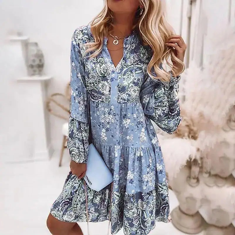 Summer Floral Print V Neck Ruffles Boho Dress InsStreet