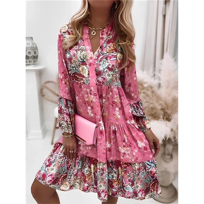 Summer Floral Print V Neck Ruffles Boho Dress InsStreet