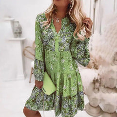 Summer Floral Print V Neck Ruffles Boho Dress InsStreet