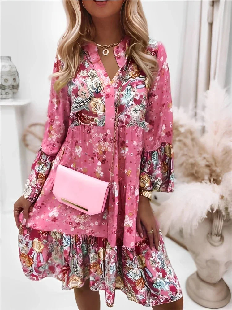 Summer Floral Print V Neck Ruffles Boho Dress InsStreet