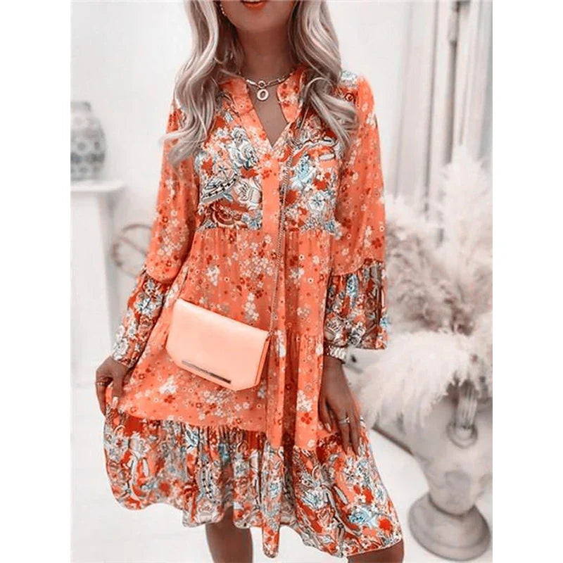 Summer Floral Print V Neck Ruffles Boho Dress InsStreet